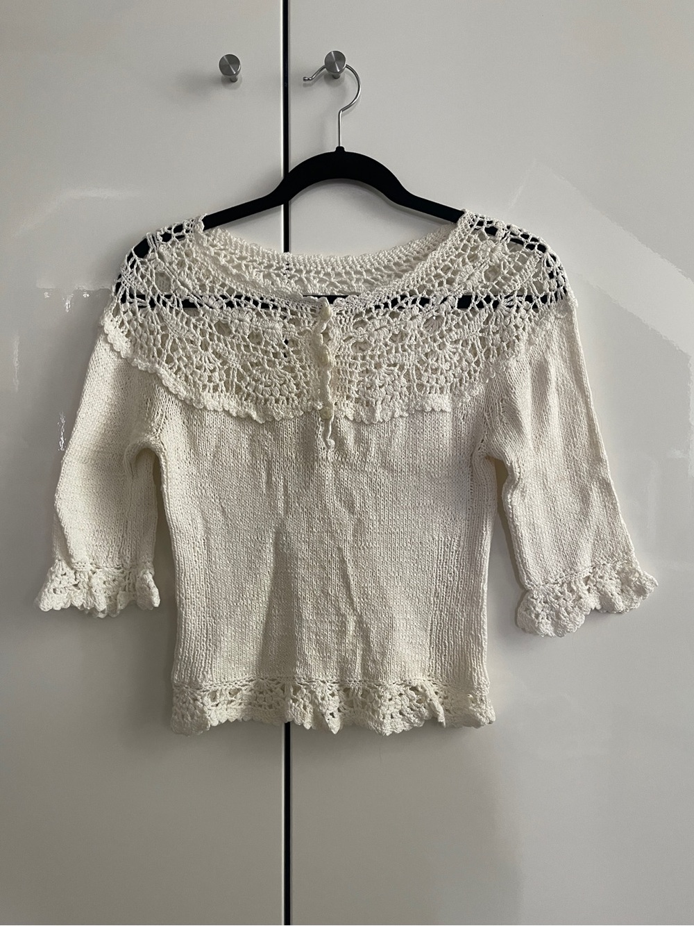 White Handmade Knit Crochet Lace Japanese Cotton Yarn Cropped Sweater Top XS 0 P